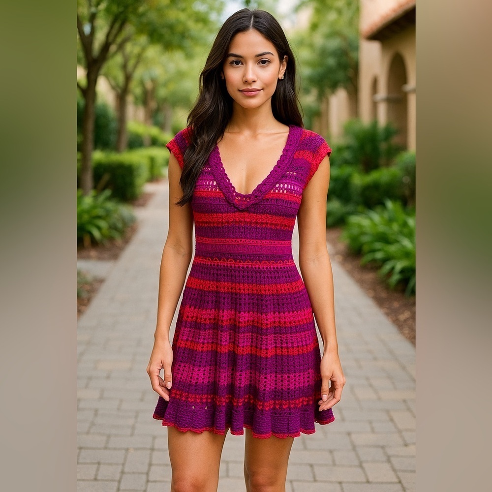 VTG Betsey Johnson Crochet Cover-Up Dress S Boho Y2K Festivalcore Rare Colorful